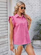 Ruffled Pocketed Collared Neck Cap Sleeve Denim Top - Delanoir