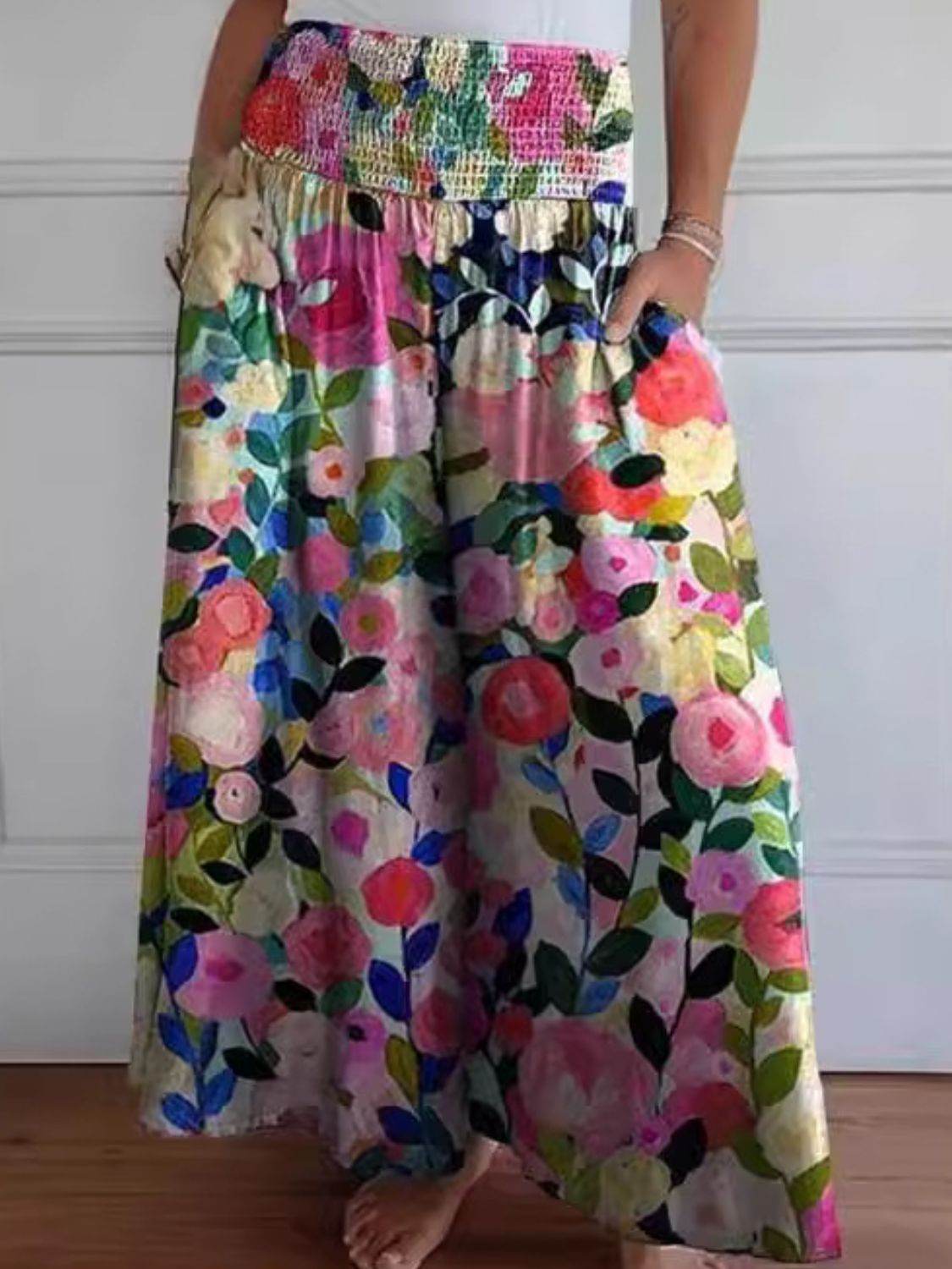 Full Size Smocked Wide Leg Pants with Pockets - Delanoir