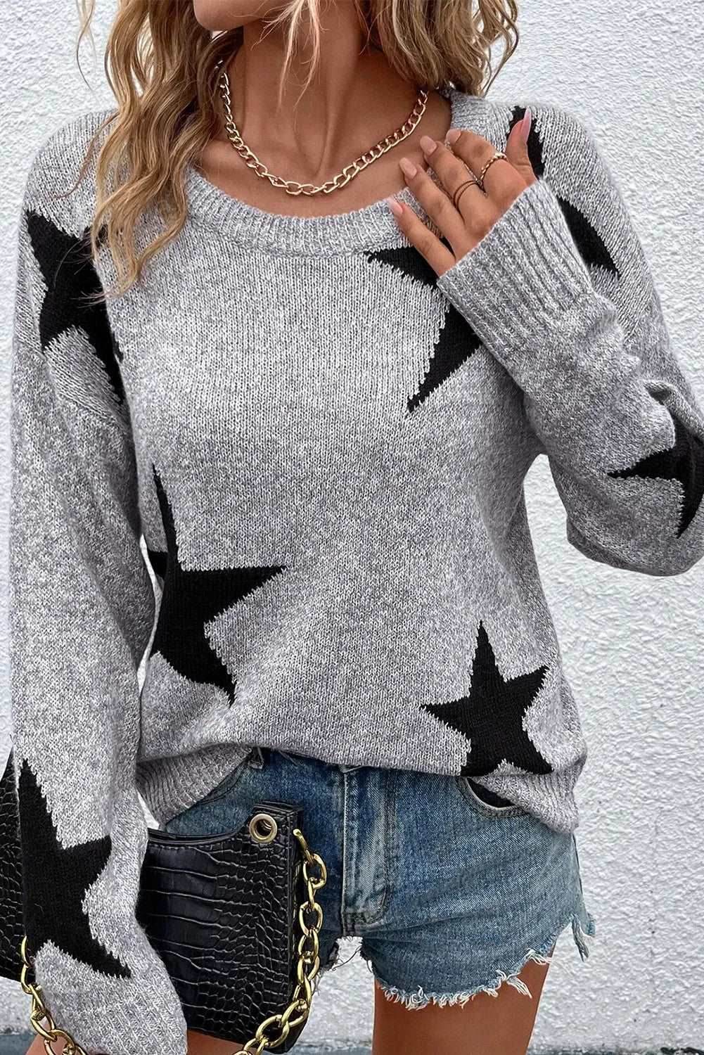 Star Round Neck Dropped Shoulder Sweater - Delanoir