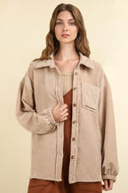 VERY J Mixed Media Button Down Raw Hem Shacket - Delanoir