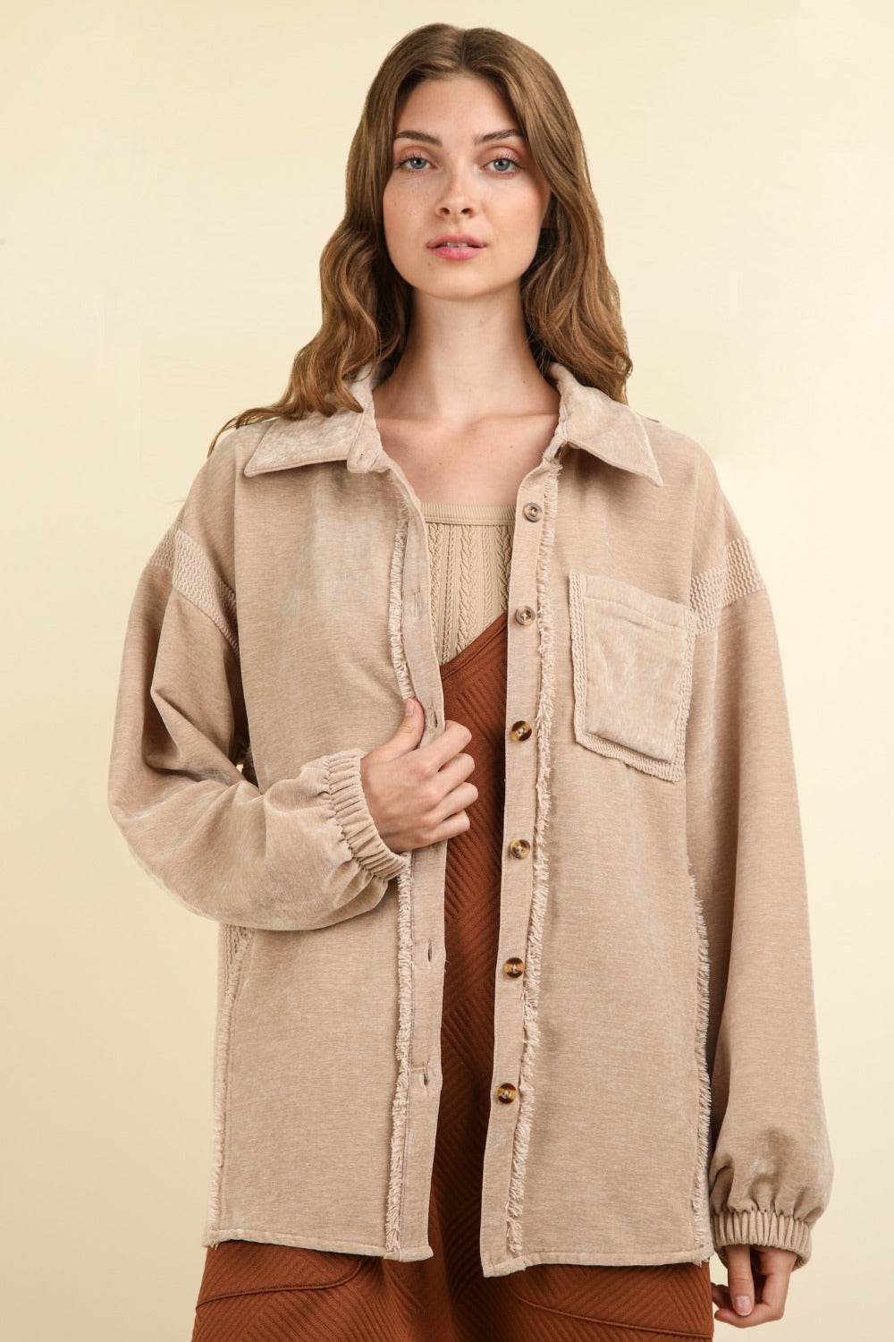 VERY J Mixed Media Button Down Raw Hem Shacket - Delanoir