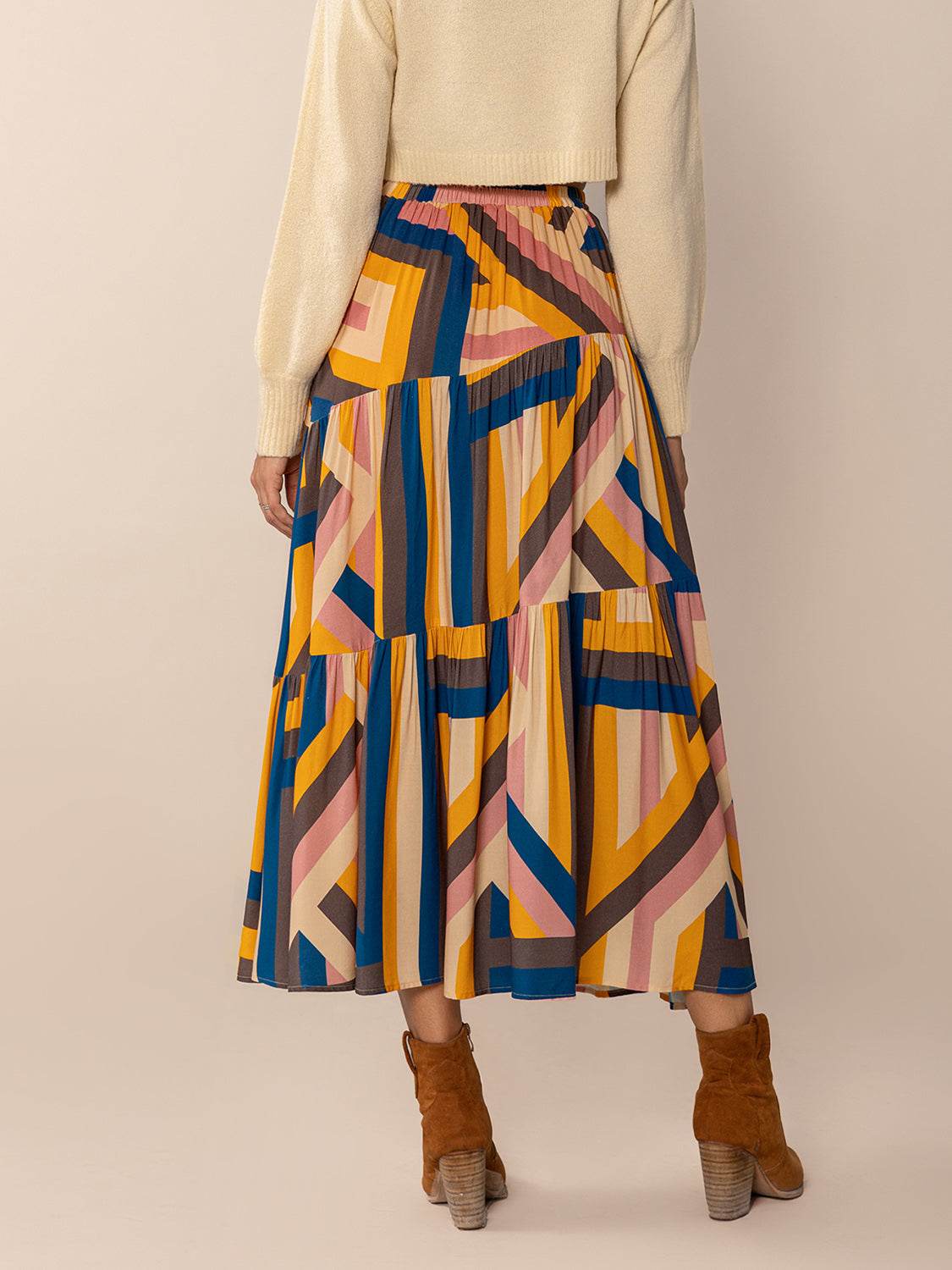 Ruched Elastic Waist Contrast Midi Skirt - Delanoir