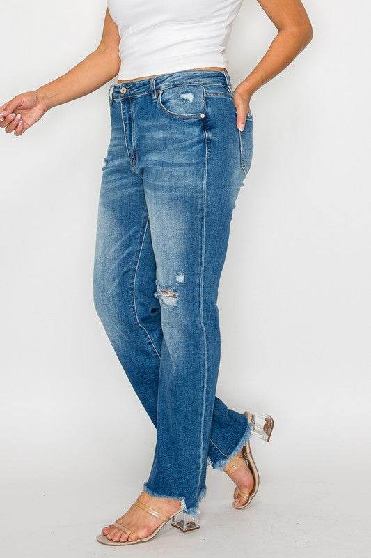 bytos Full Size Raw Hem Distressed Mid Rise Straight Jeans - Delanoir