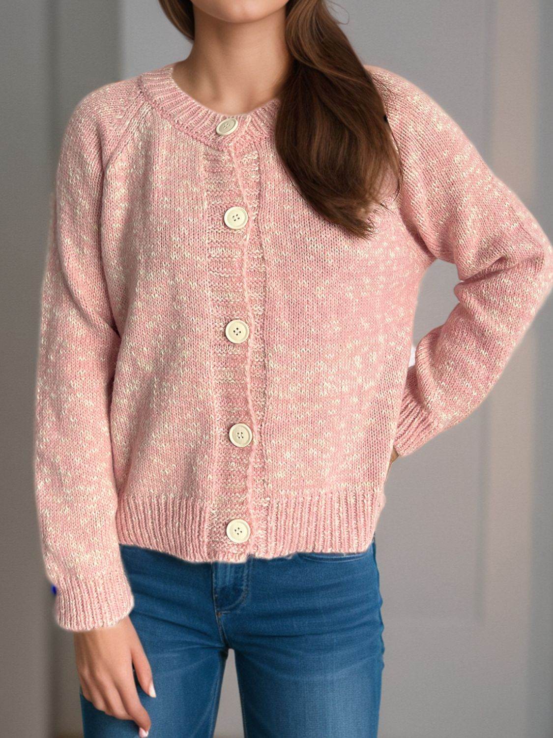 Heathered Button Down Long Sleeve Cardigan - Delanoir