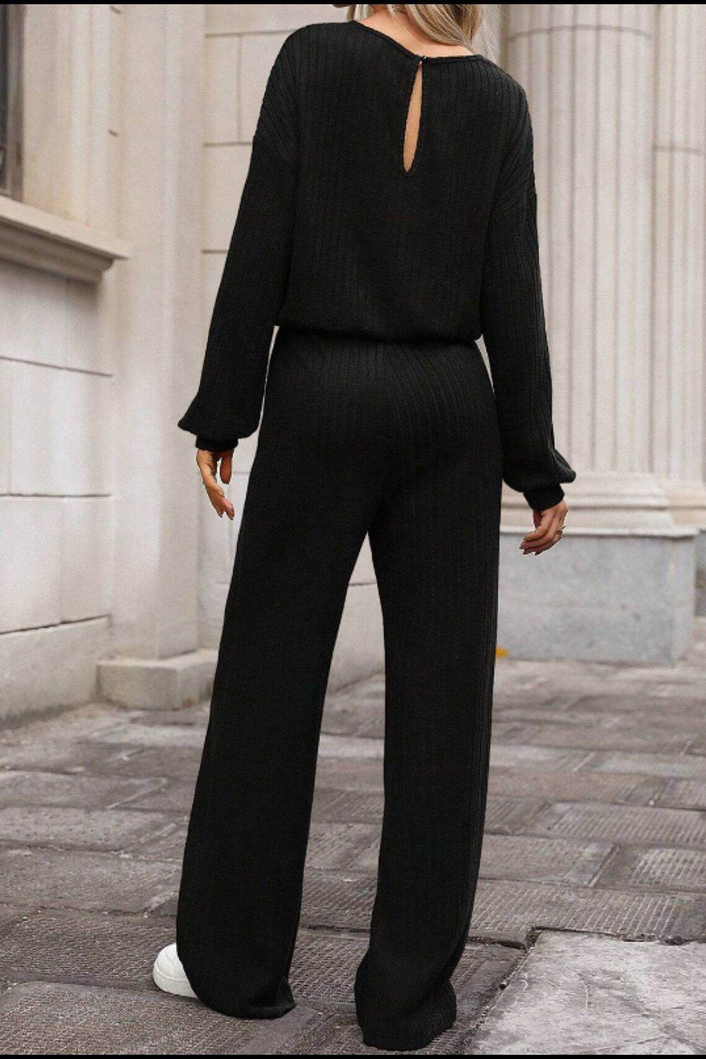 Round Neck Long Sleeve Jumpsuit - Delanoir