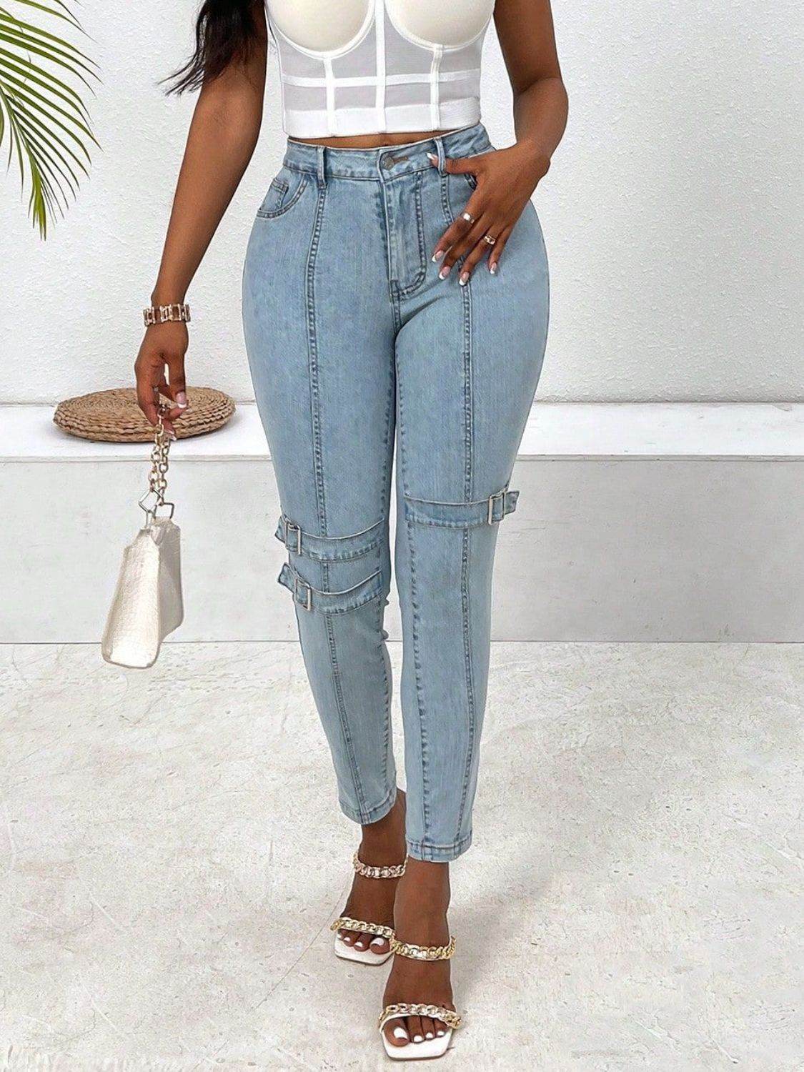 Decorative Buckle Skinny Jeans with Pockets - Delanoir