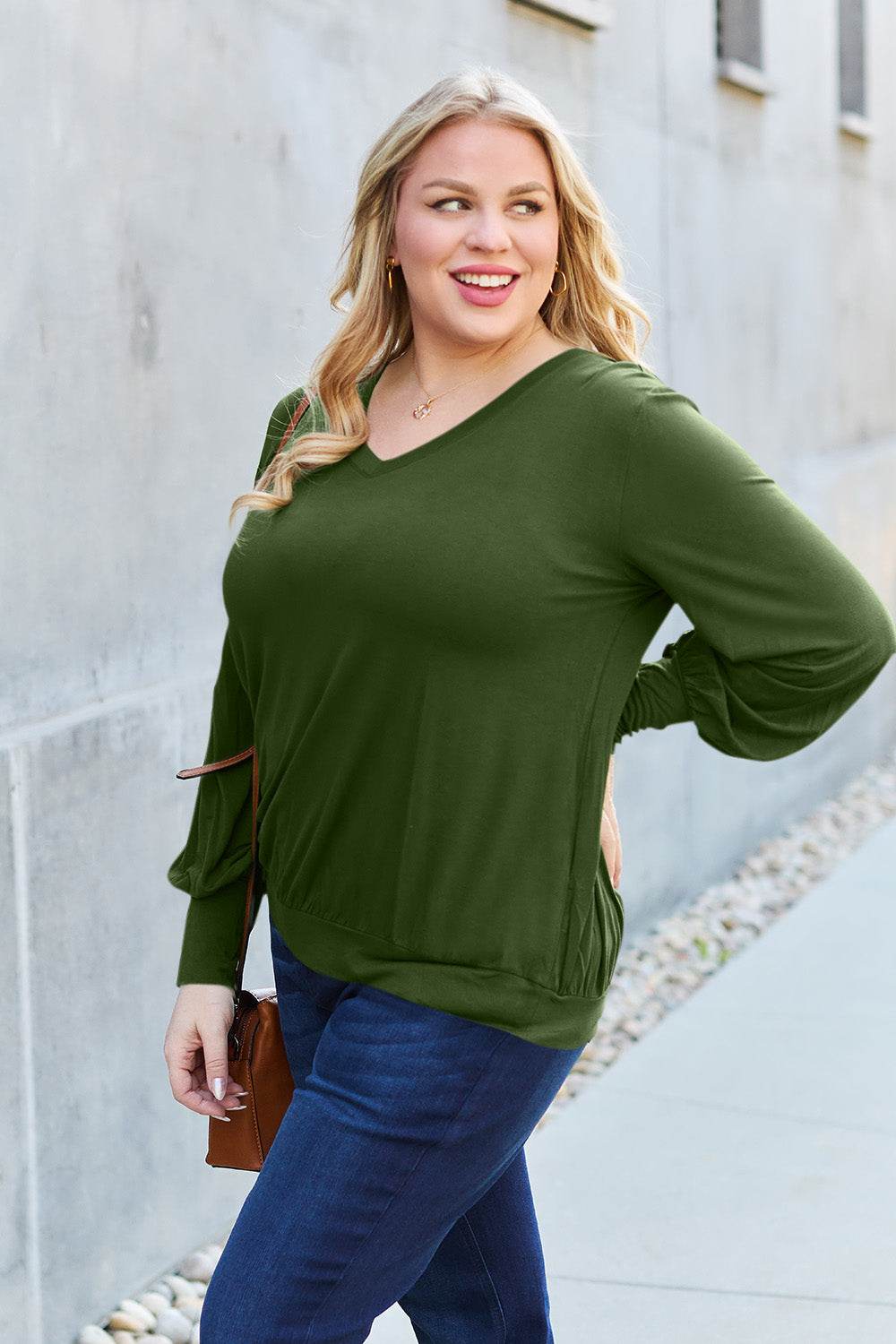 Basic Bae Full Size V-Neck Lantern Sleeve Top - Delanoir