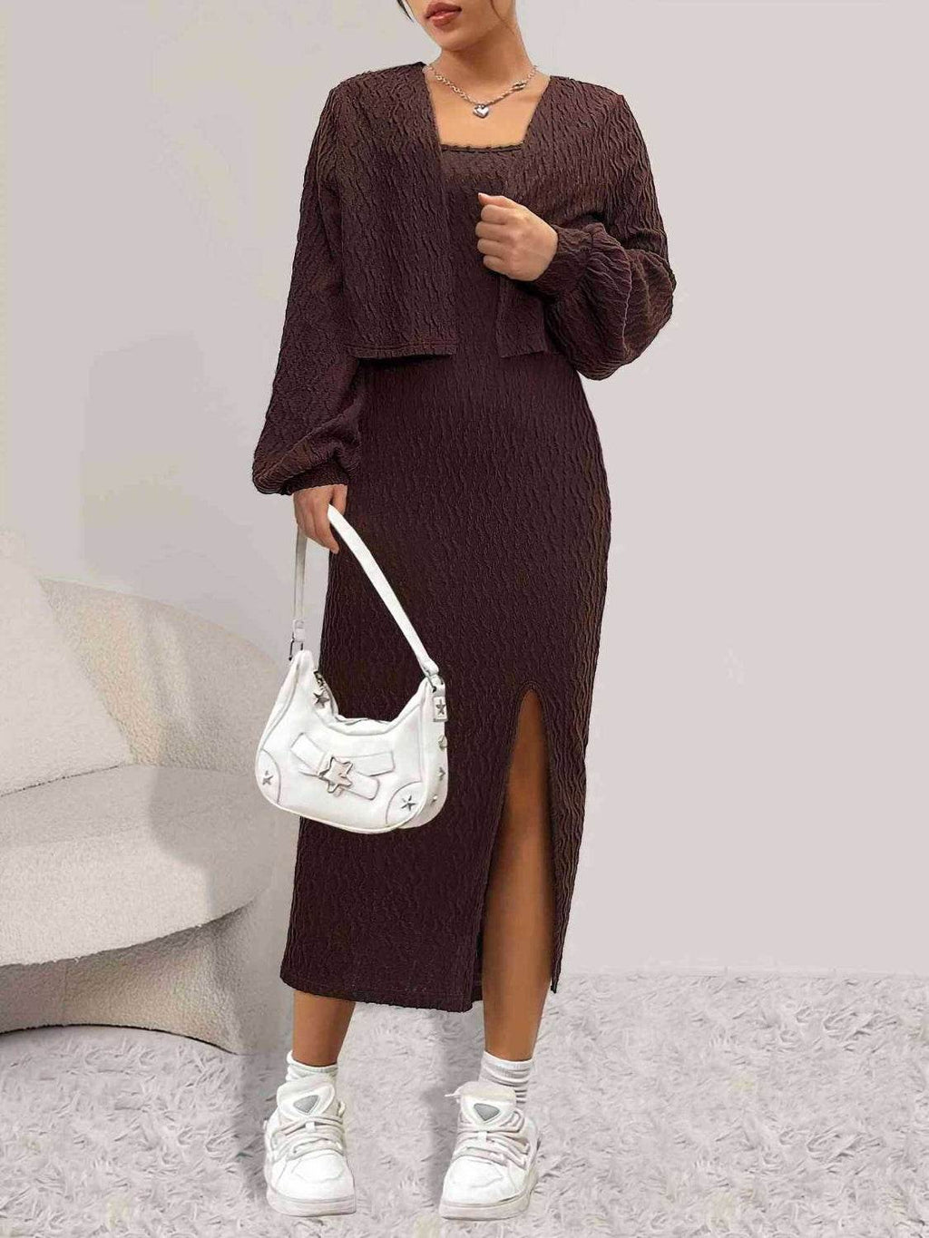 Open Front Long Sleeve Cardigan and Side Slit Cami Dress Set - Delanoir