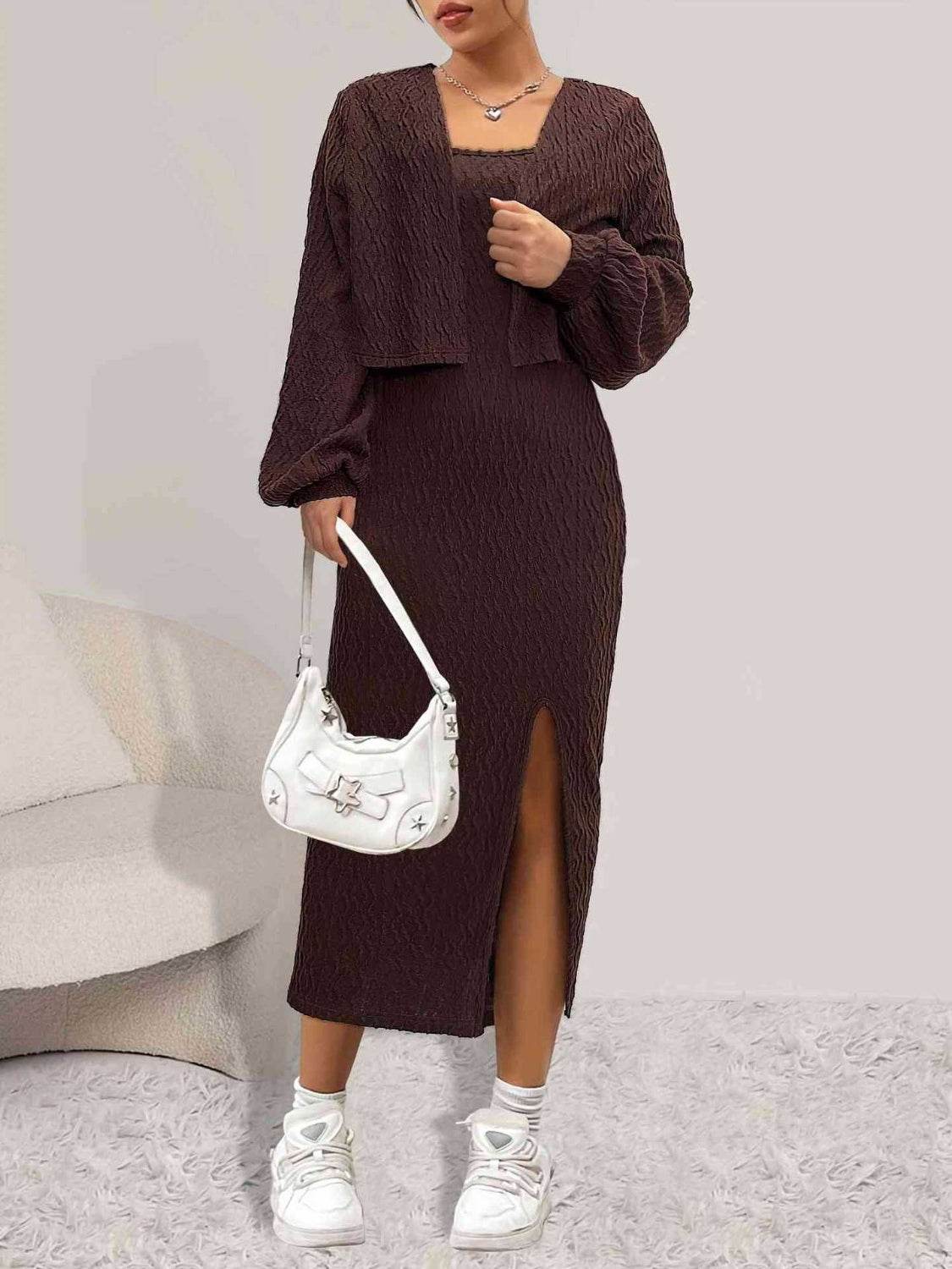 Open Front Long Sleeve Cardigan and Side Slit Cami Dress Set - Delanoir