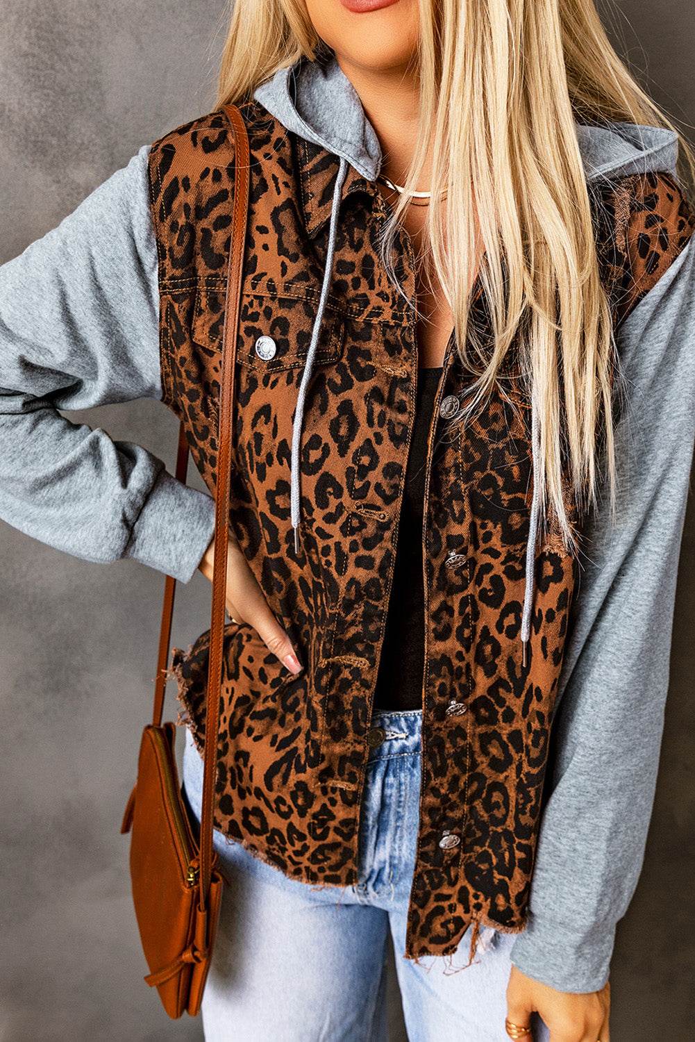 Leopard Distressed Drawstring Hooded Denim Jacket - Delanoir