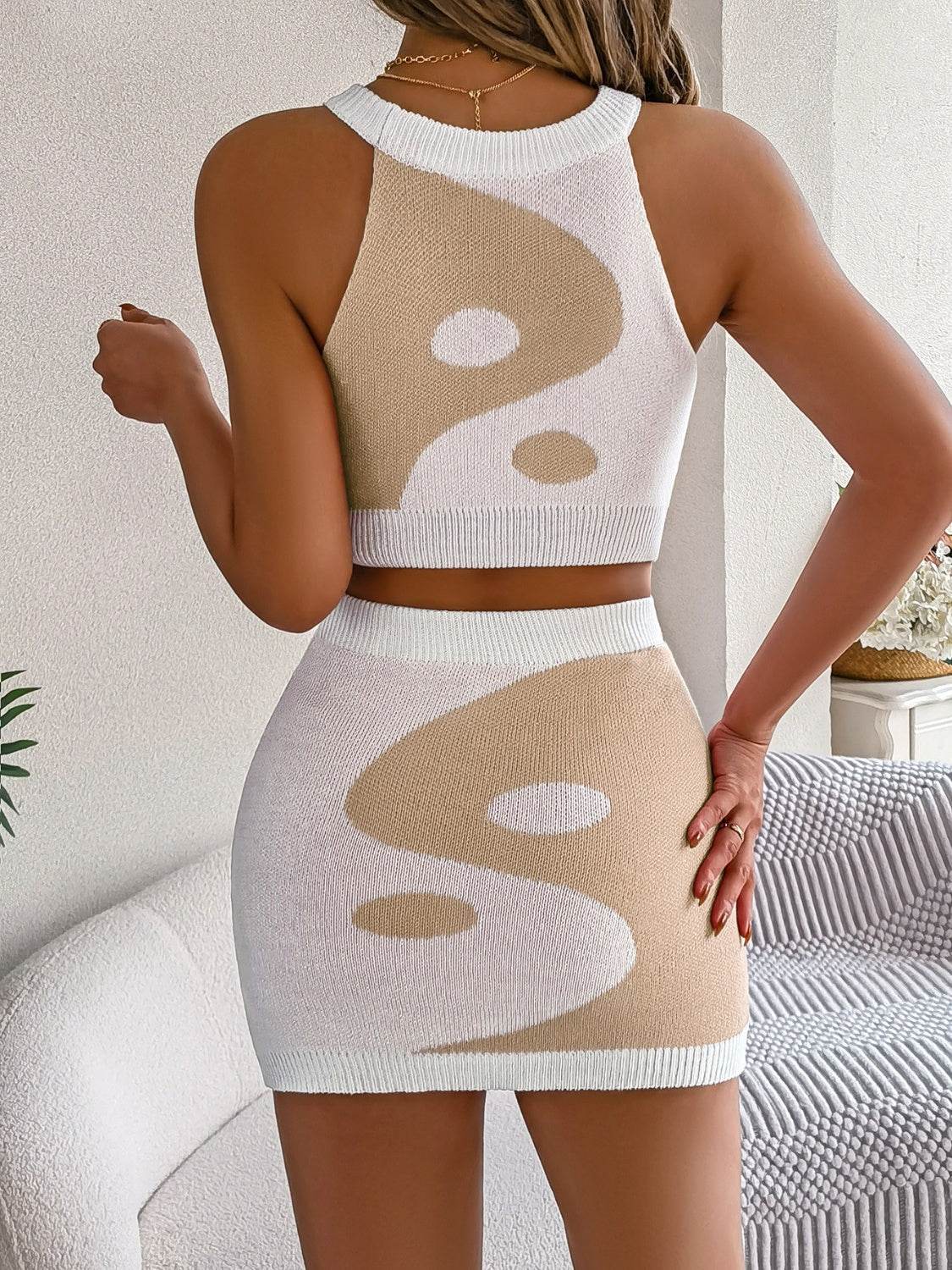 Round Neck Sleeveless Top and Skirt Knit Set - Delanoir