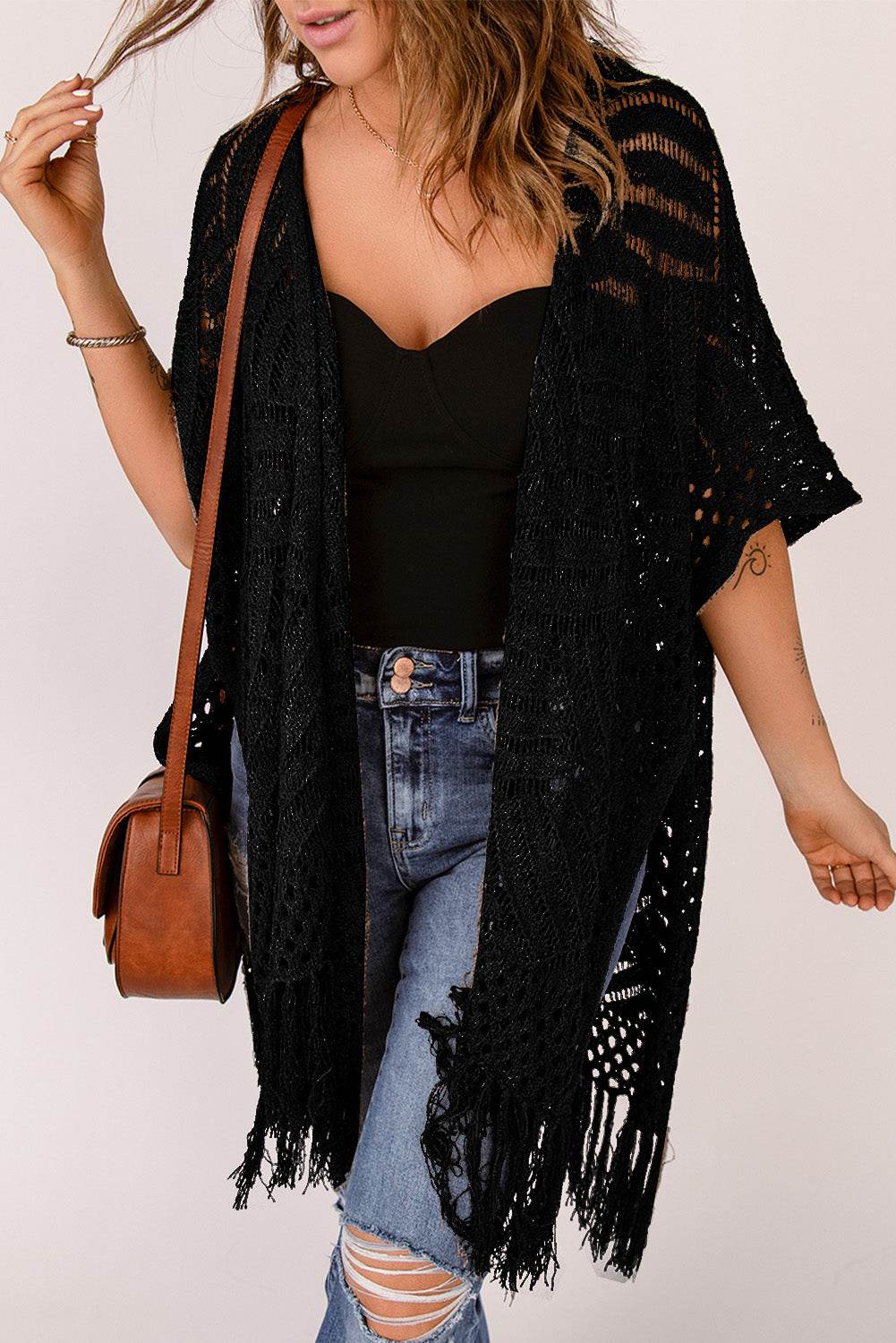 Fringe Hem Slit Open Front Cardigan - Delanoir