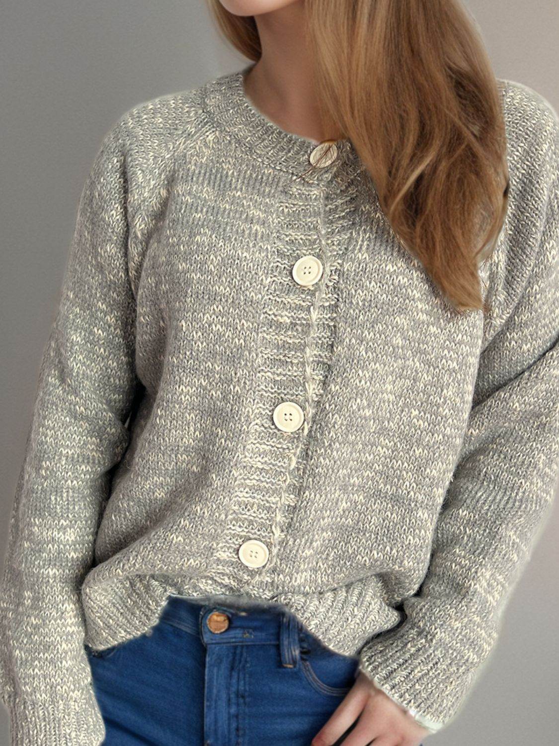 Heathered Button Down Long Sleeve Cardigan - Delanoir