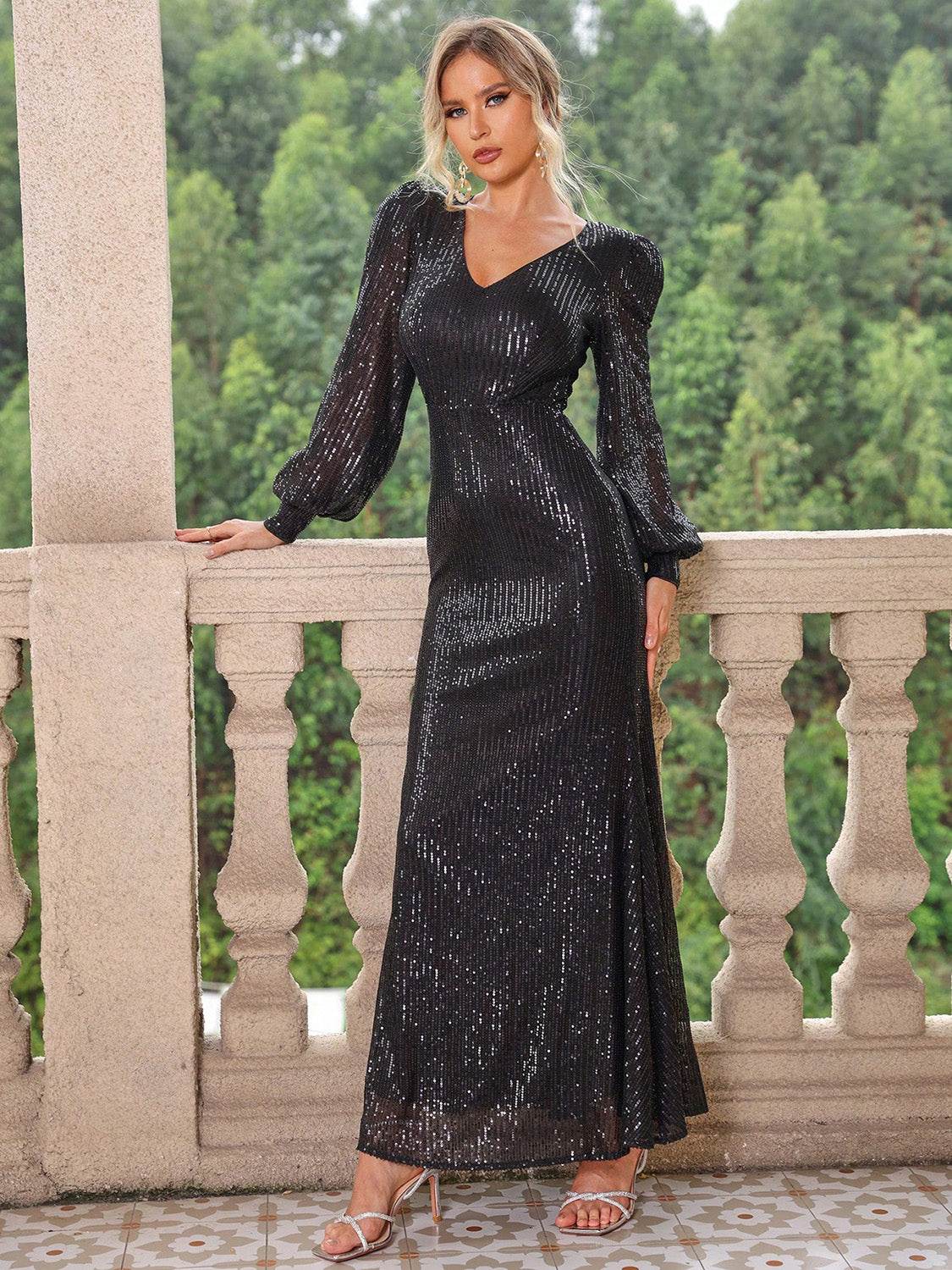 Sequin V-Neck Lantern Sleeve Maxi Dress - Delanoir