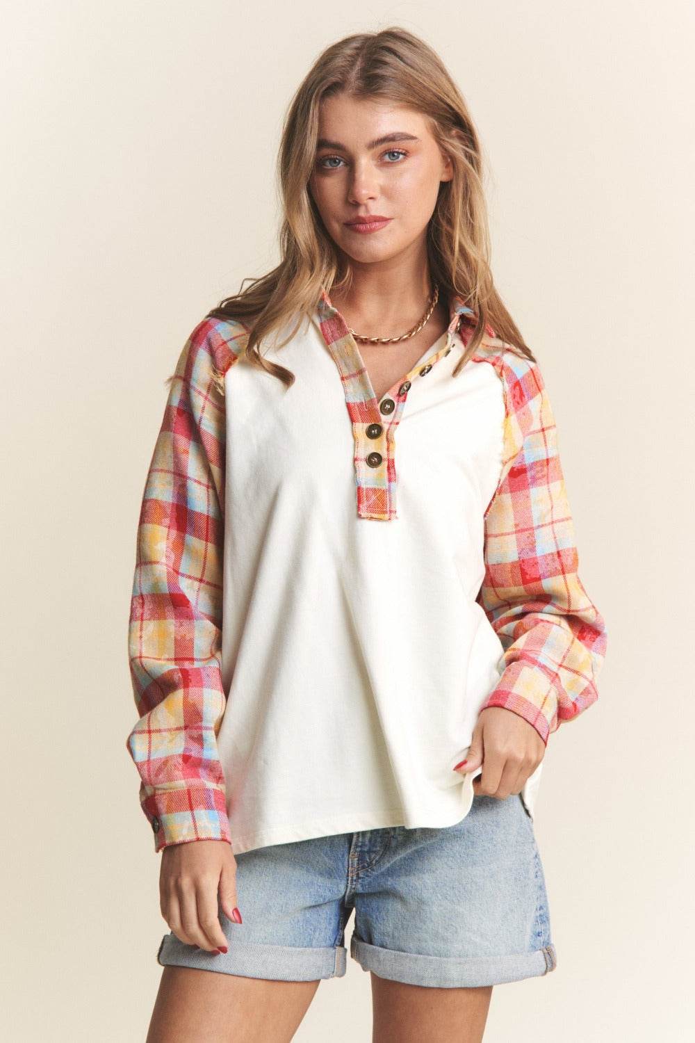 J.NNA Plaid Contrast Button Down Henley Top - Delanoir