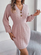 Buttoned Cable-Knit V-Neck Sweater Dress - Delanoir
