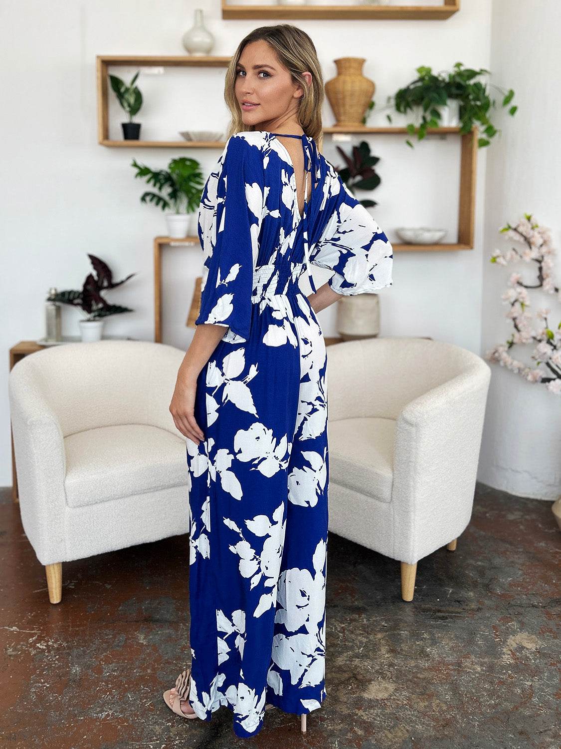 Double Take Full Size Printed Tie Back Wide Leg Jumpsuit - Delanoir