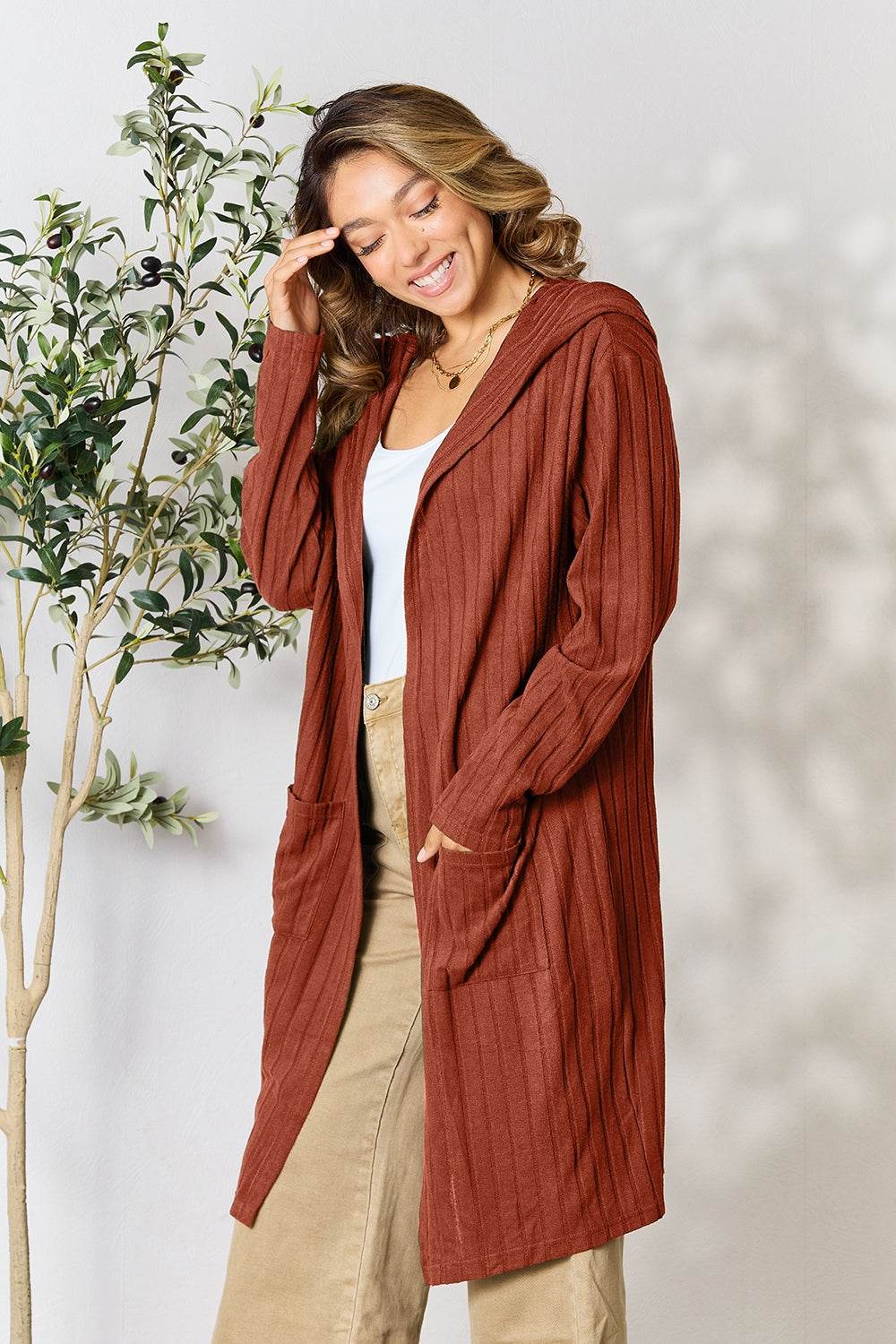Basic Bae Full Size Hooded Sweater Cardigan - Delanoir