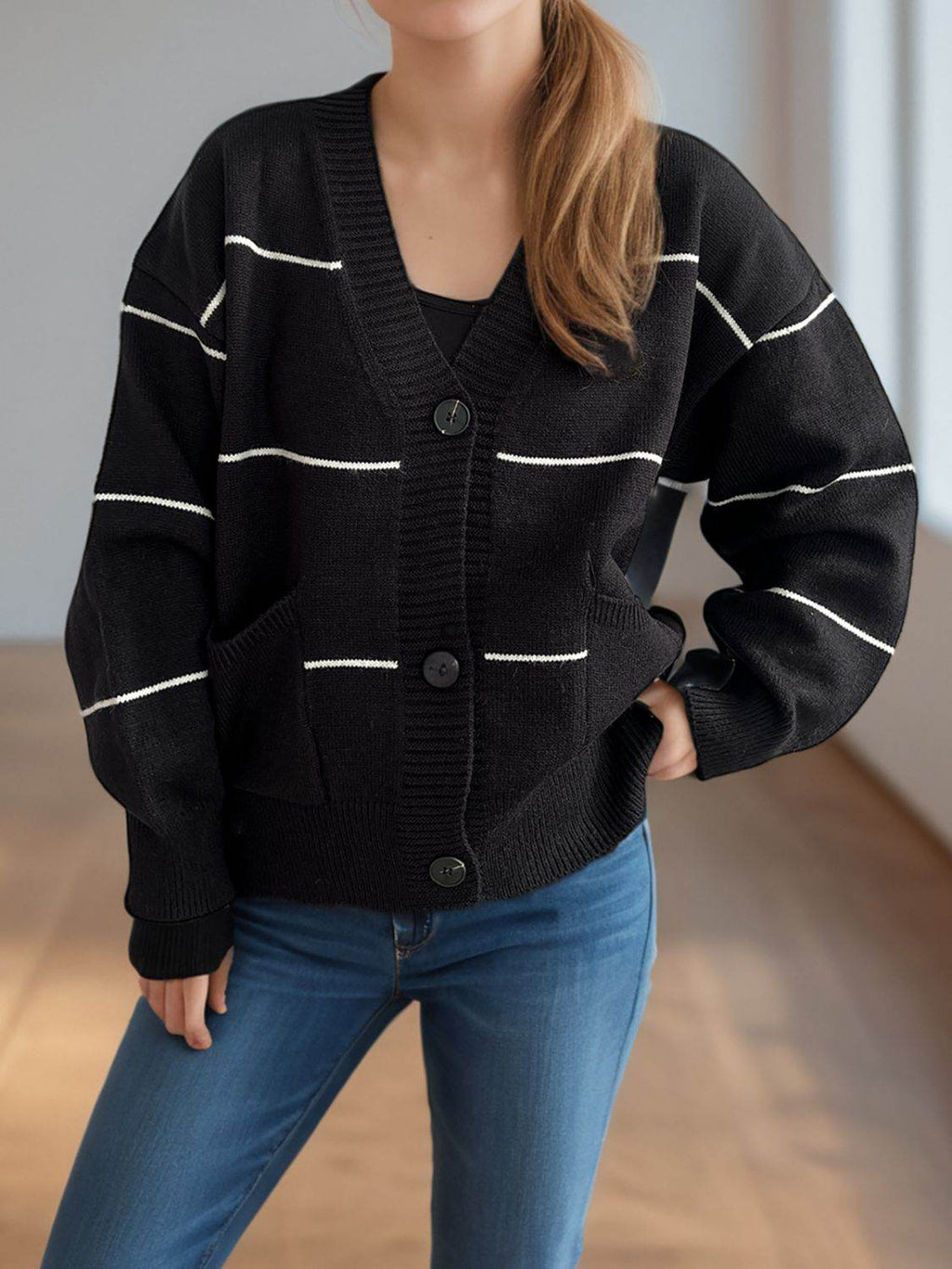 Striped Button Down V-Neck Long Sleeve Cardigan - Delanoir