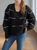 Striped Button Down V-Neck Long Sleeve Cardigan - Delanoir