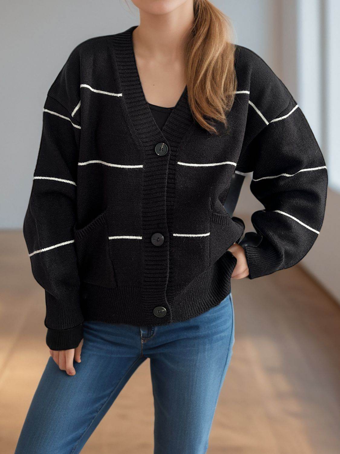 Striped Button Down V-Neck Long Sleeve Cardigan - Delanoir