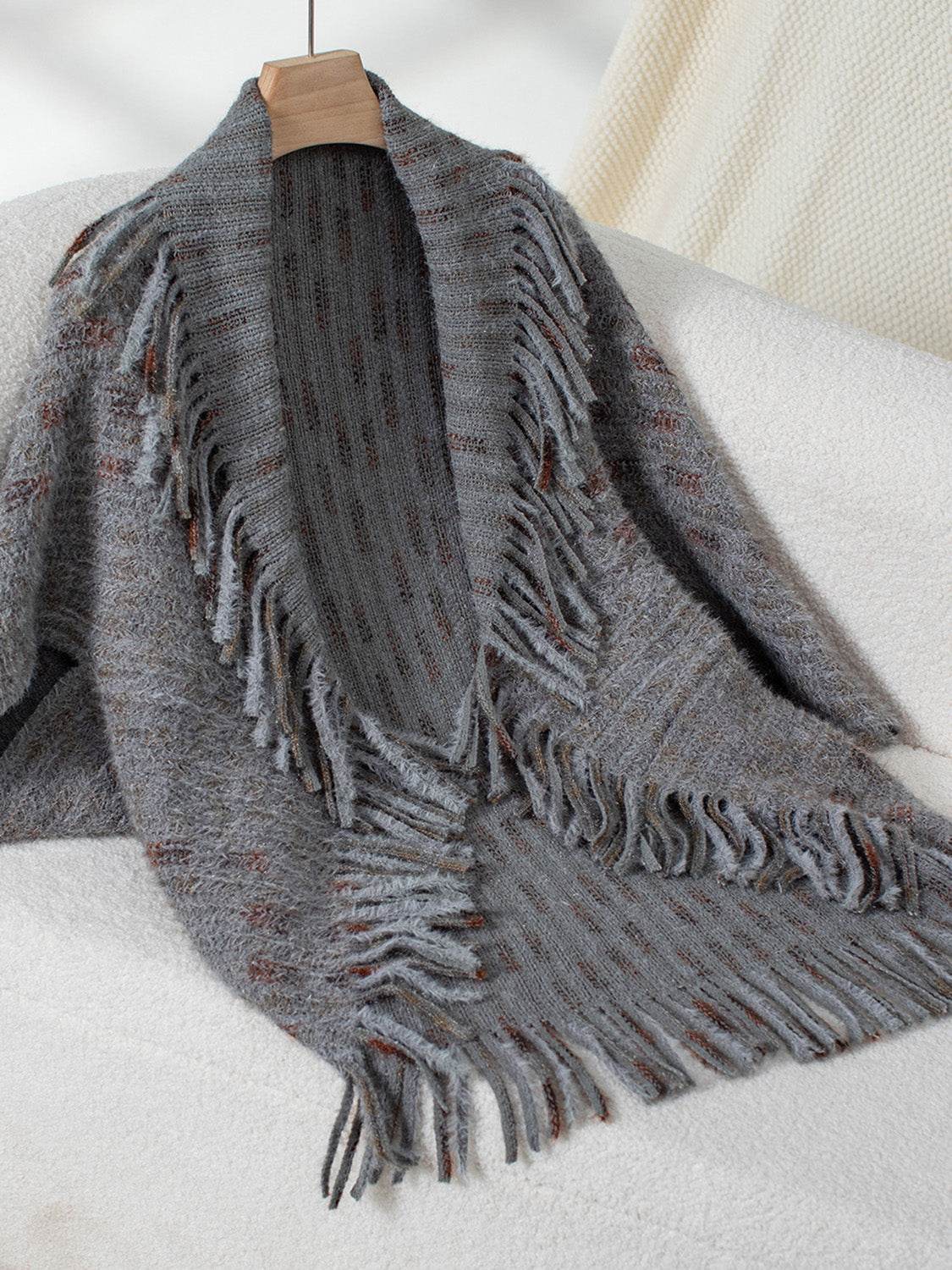 Fringe Open Front Half Sleeve Poncho - Delanoir