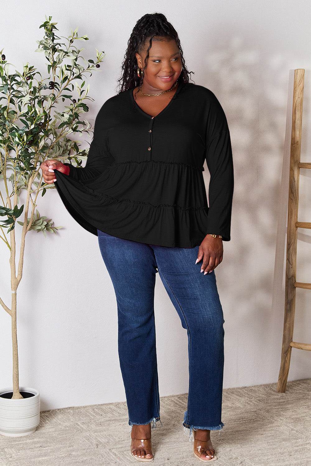 Double Take Half Button Long Sleeve Ruffle Hem Blouse - Delanoir