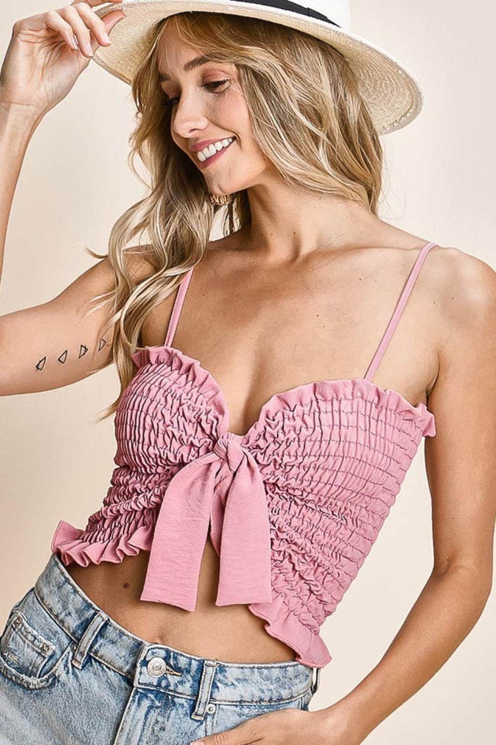 BiBi Ruffled Smocked Ribbon Detail Cami - Delanoir