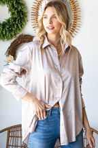 First Love Full Size Ditsy Dot Button Down Collared Satin Shirt - Delanoir