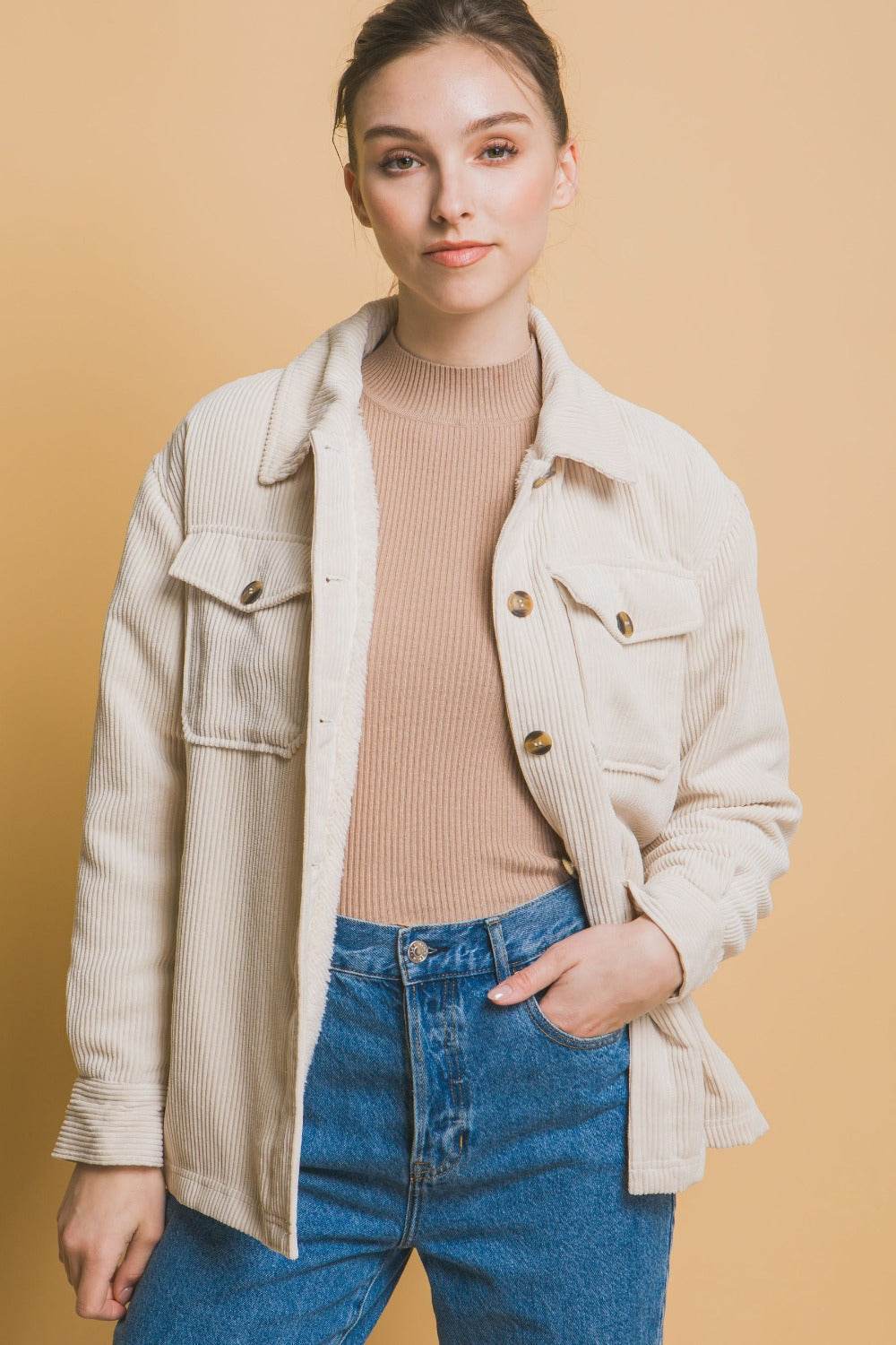 Love Tree Corduroy Button Up Jacket with Sherpa Inside - Delanoir