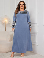 Honey Plus Size Printed Round Neck Long Sleeve Dress - Delanoir