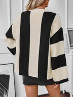 Waffle-Knit V-Neck Striped Long Sleeve Cardigan - Delanoir