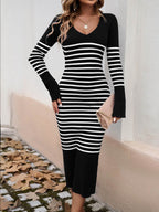 Devine Striped V-Neck Long Sleeve Sweater Dress - Delanoir