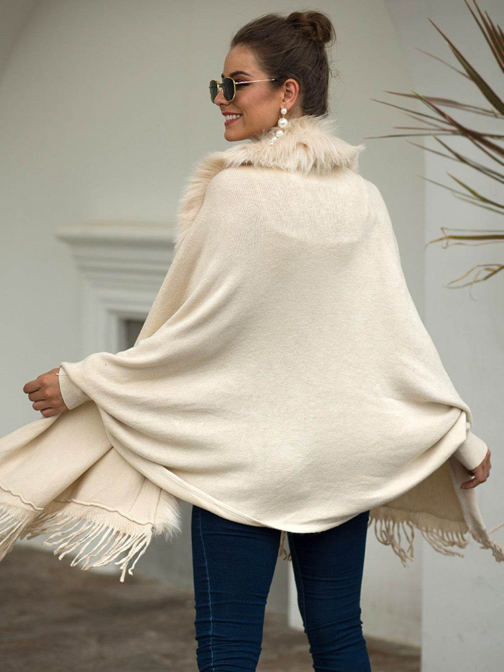 Fringe Open Front Long Sleeve Poncho - Delanoir