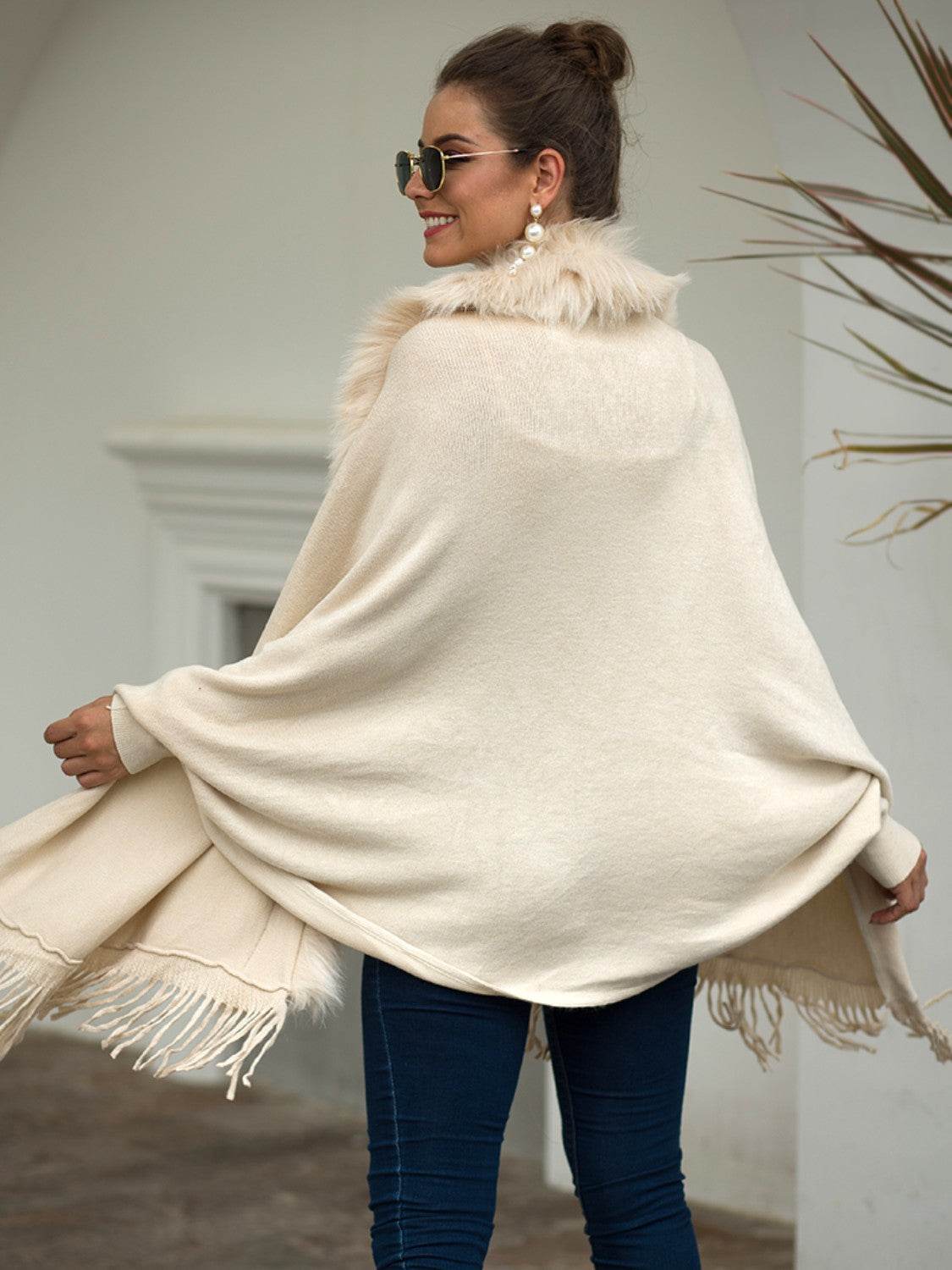 Fringe Open Front Long Sleeve Poncho - Delanoir