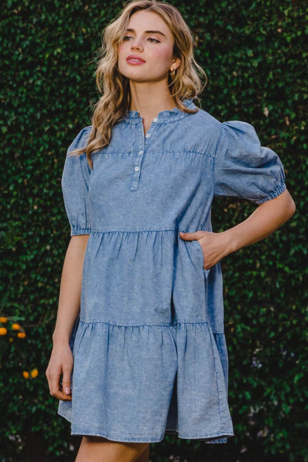 ODDI Washed Tiered Mini Denim Dress - Delanoir