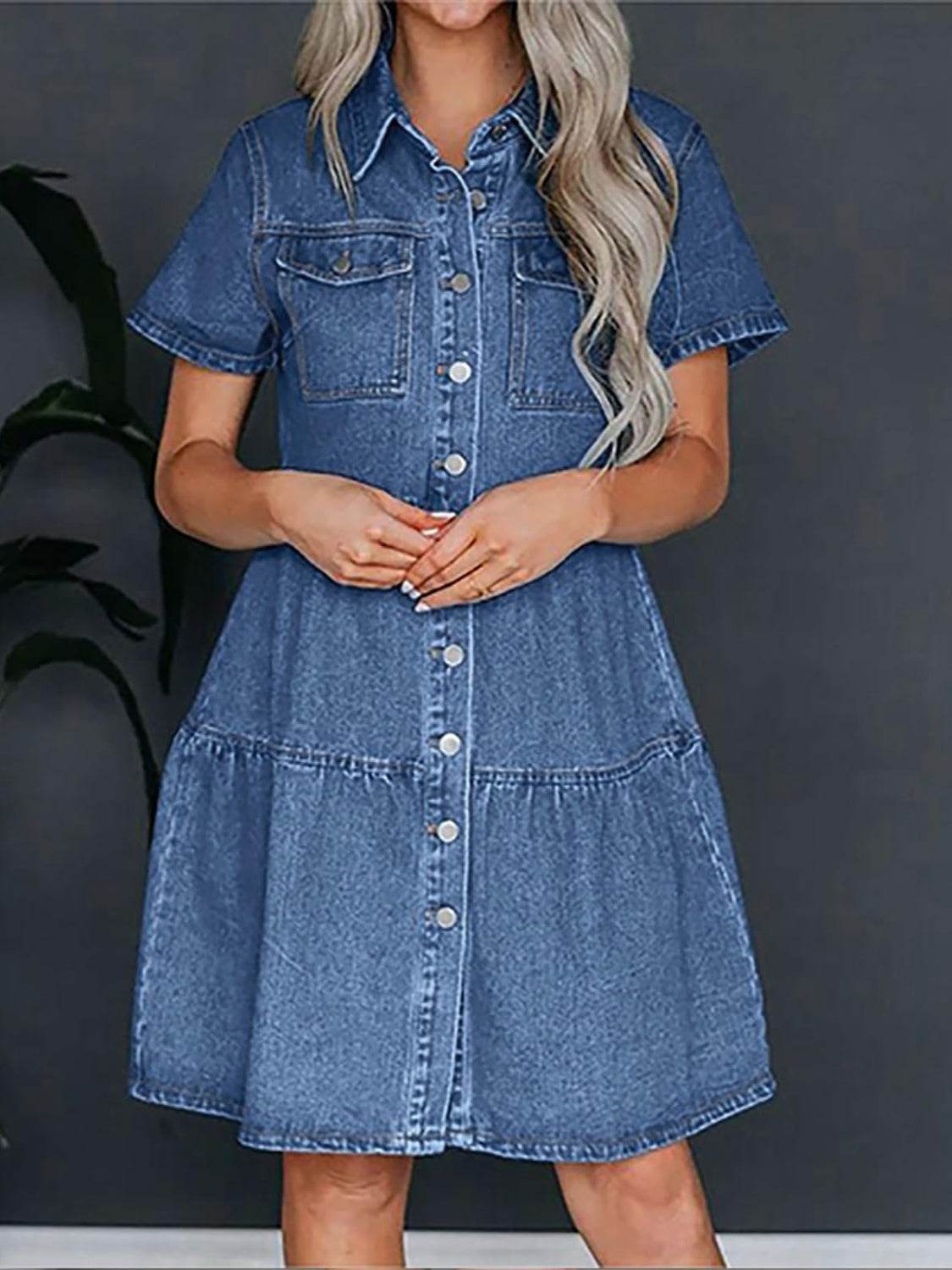 Pocketed Button Up Collared Neck Short Sleeve Denim Dress - Delanoir