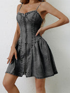 Ruched Zip Up Spaghetti Strap Denim Dress - Delanoir