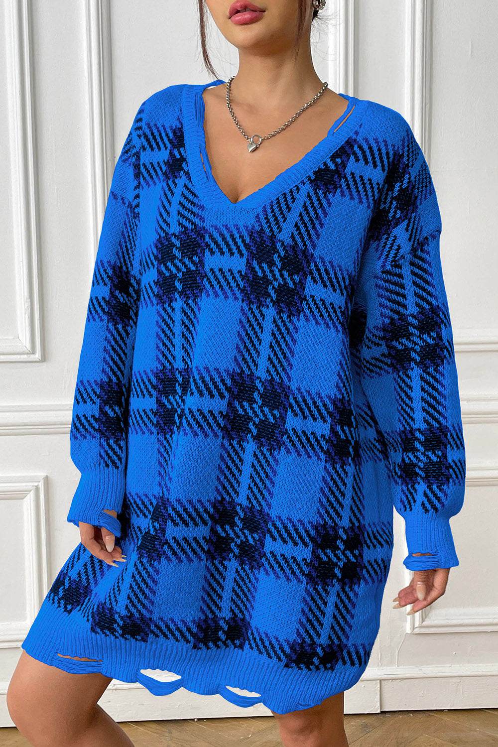 Plaid V-Neck Long Sleeve Sweater Dress - Delanoir