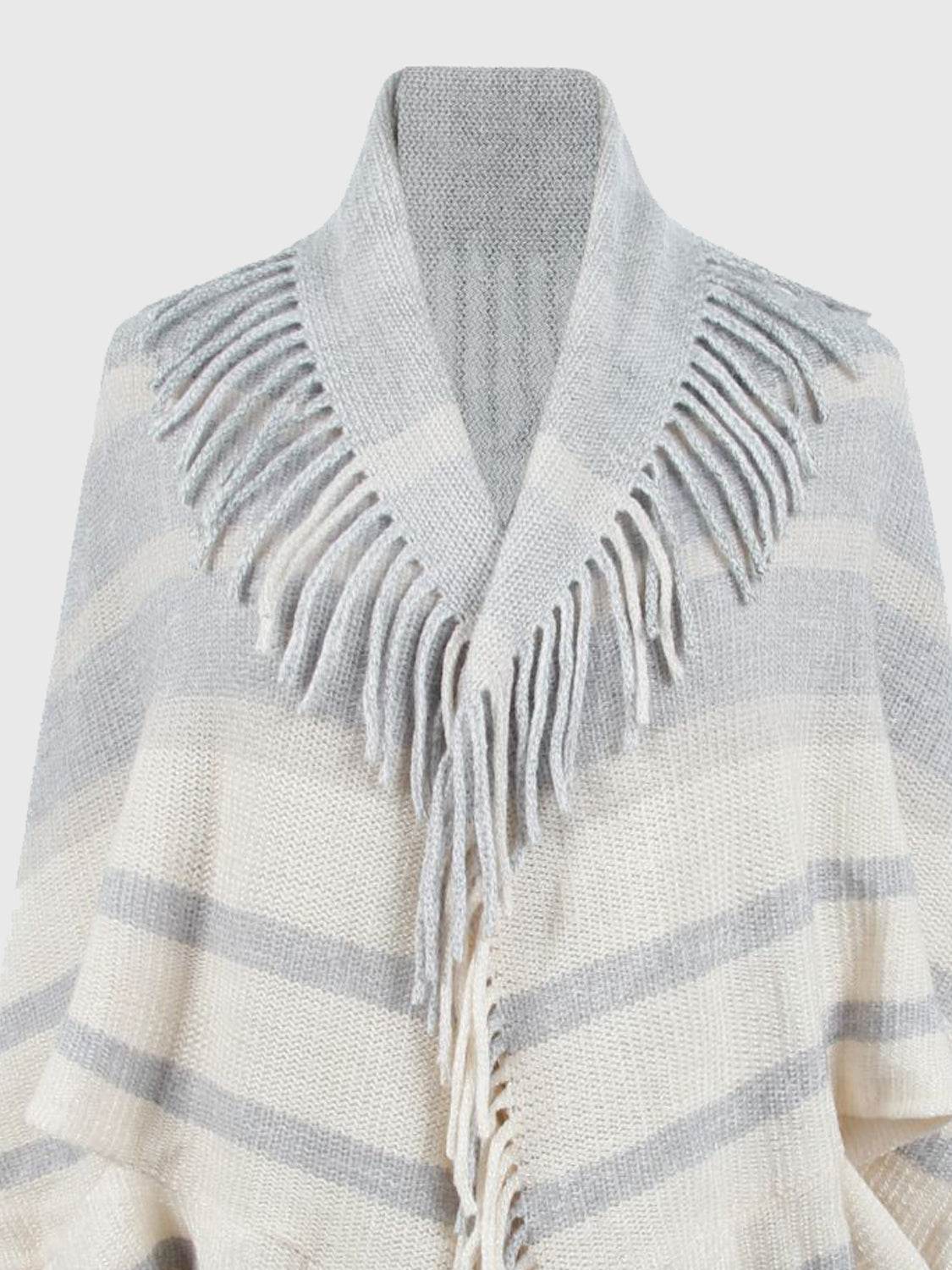 Fringe Detail Open Front Poncho - Delanoir