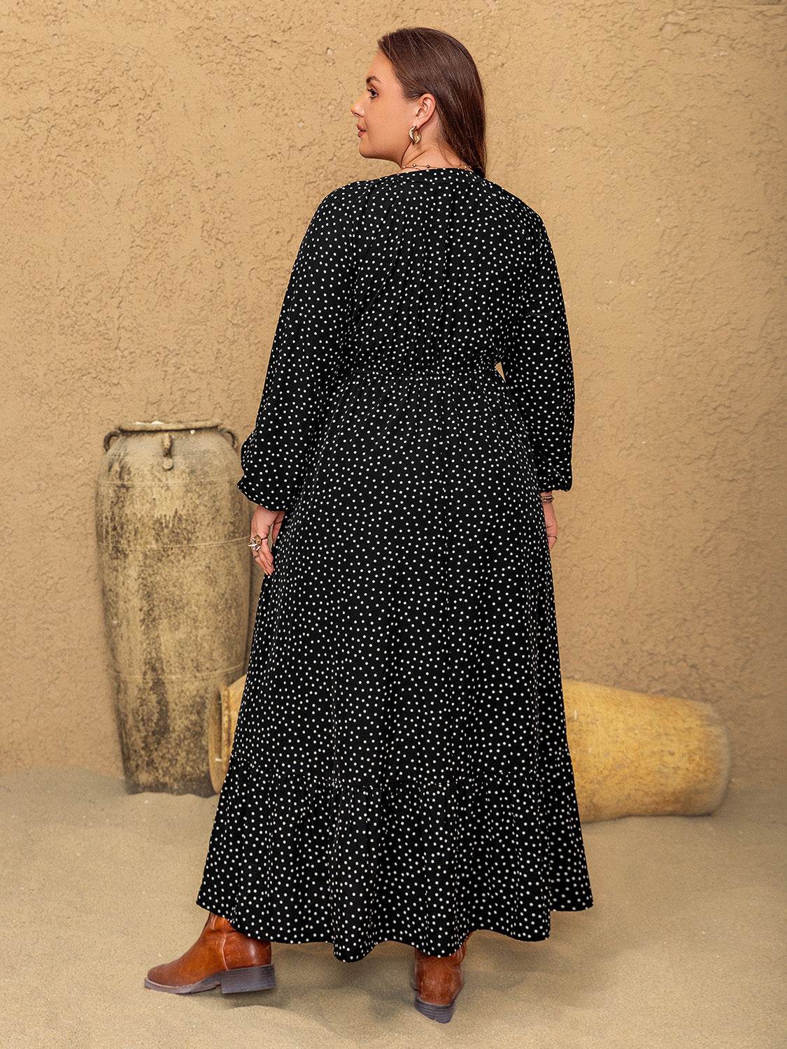 Plus Size Embroidered Polka Dot Notched Long Sleeve Dress - Delanoir