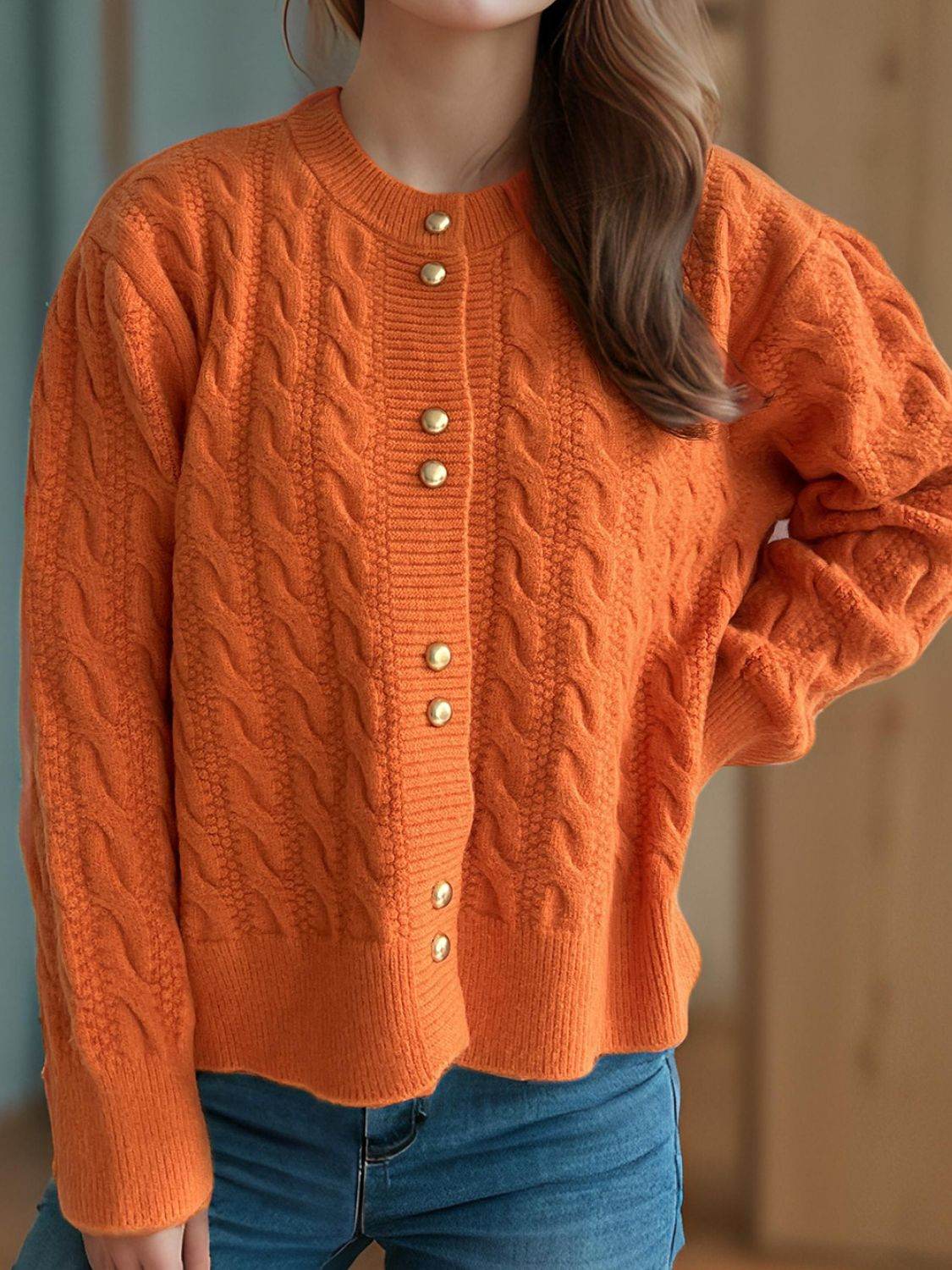 Cable-Knit Round Neck Long Sleeve Cardigan - Delanoir
