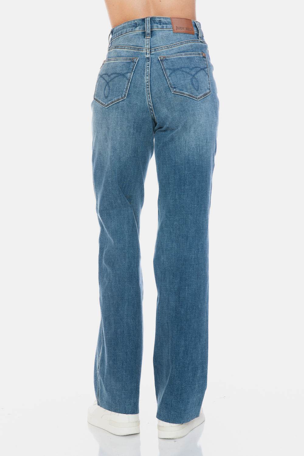 Judy Blue Full Size Tummy Control Cut Raw Hem Straight Jeans - Delanoir