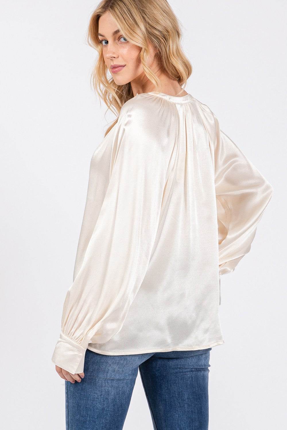 SAGE + FIG Notched Long Sleeve Blouse - Delanoir