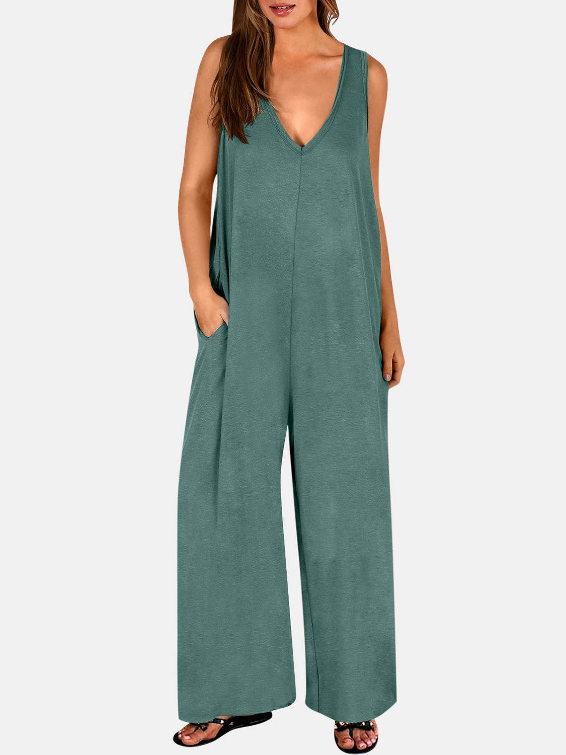 Full Size V-Neck Wide Strap Jumpsuit - Delanoir