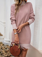Devine Striped Mock Neck Long Sleeve Sweater Dress - Delanoir