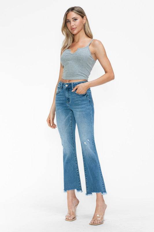 bytos Raw Hem Distressed Mid Rise Crop Jeans - Delanoir