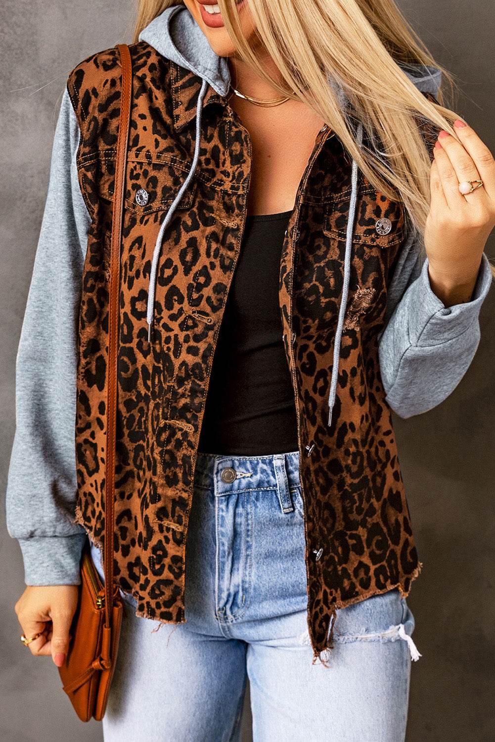 Leopard Distressed Drawstring Hooded Denim Jacket - Delanoir