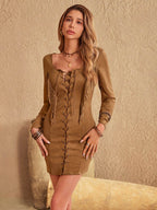 Fringe Lace Up Square Neck Long Sleeve Mini Dress - Delanoir