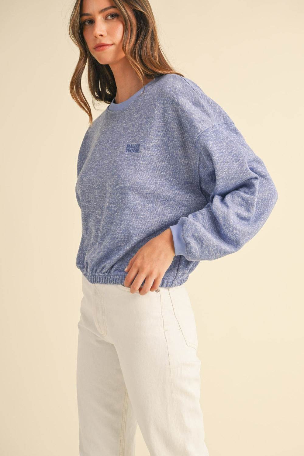Mable Round Neck Letter Embroidery Crop Sweatshirt - Delanoir